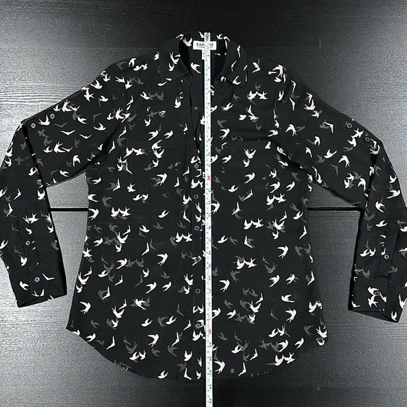 Express Bird Print Sheer Button Up Long Sleeve with Rolled Sleeve Tabs - XS - Picture 10 of 11